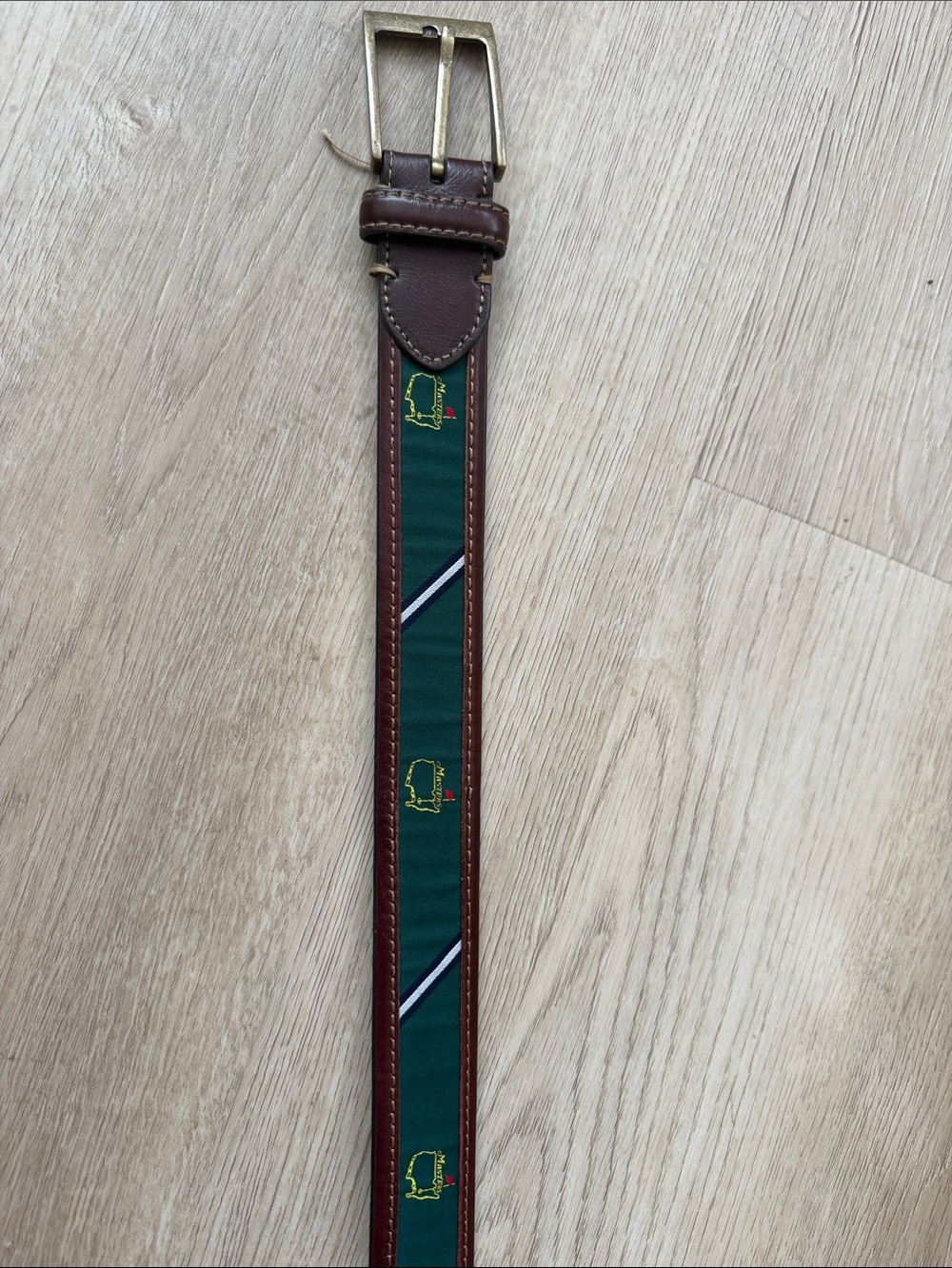 Masters Leather-Trim Green Ribbon Men’s Belt with Gold Buckle